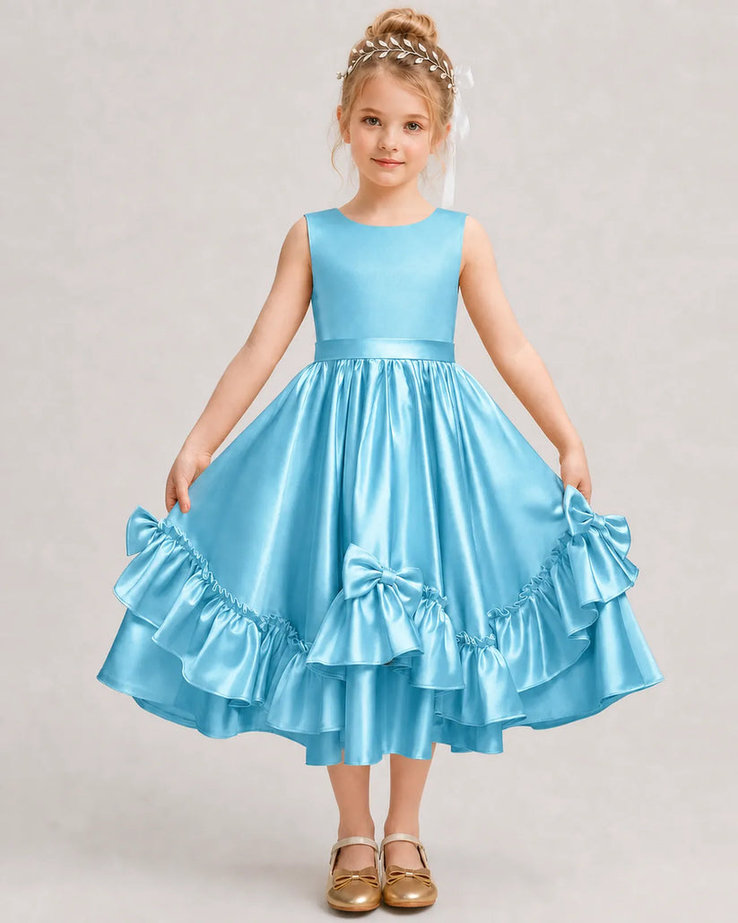 Sky Blue Satin A-line Girls Formal Dress Front View