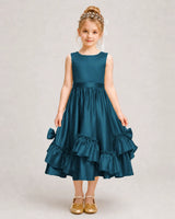 Teal Satin A-line Girls Formal Dress Front View