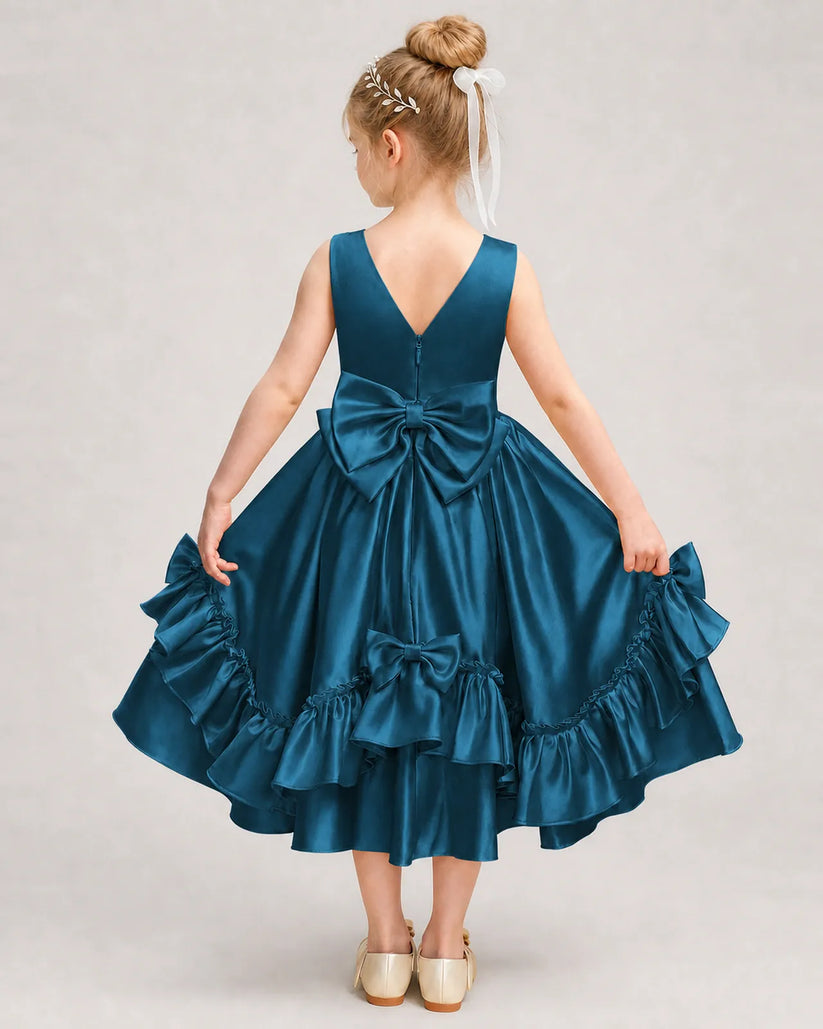 Teal Satin A-line Girls Formal Dress Back View