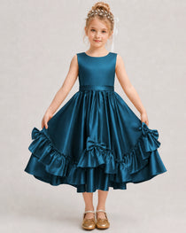 Teal Flower Girl Dress Deep V-Back Satin Bow Ruffle Knee-Length Dress Front View