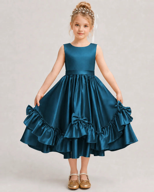 Teal Satin A-line Girls Formal Dress Front View