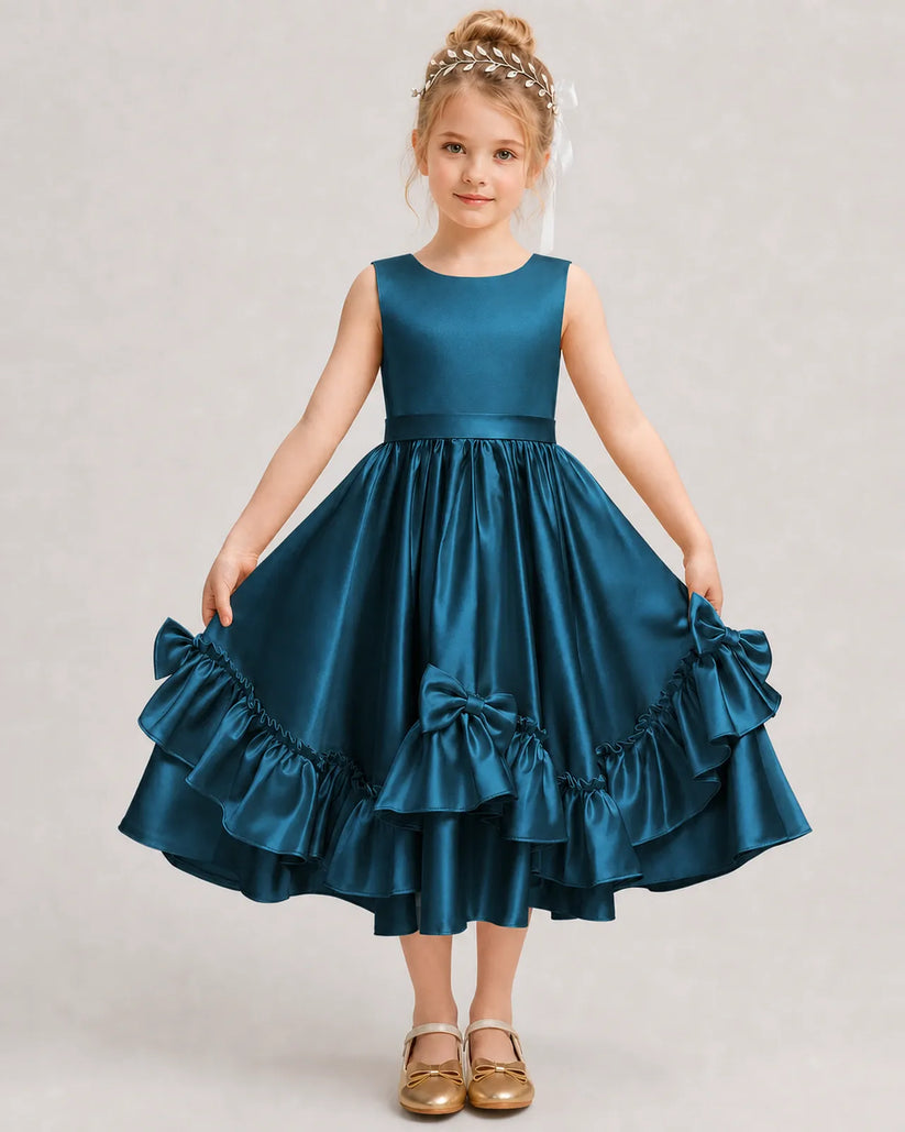 Teal Satin A-line Girls Formal Dress Front View