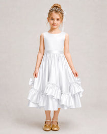 White Flower Girl Dress Deep V-Back Satin Bow Ruffle Knee-Length Dress Front View