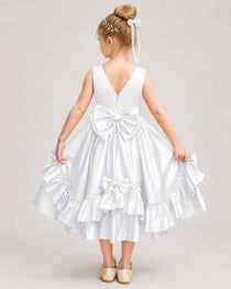 White Flower Girl Dress Deep V-Back Satin Bow Ruffle Knee-Length Dress Back View
