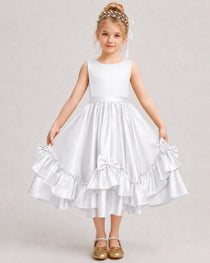 White Flower Girl Dress Deep V-Back Satin Bow Ruffle Knee-Length Dress Front View
