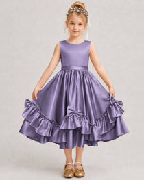 Wisteria Flower Girl Dress Deep V-Back Satin Bow Ruffle Knee-Length Dress Front View