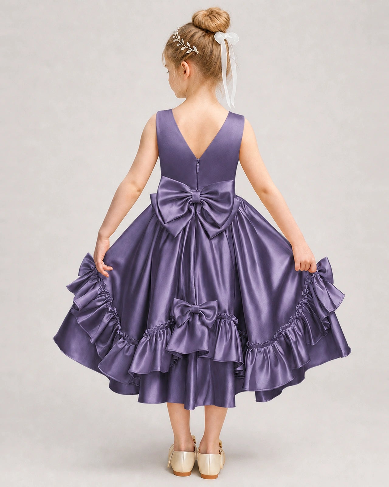 Wisteria Flower Girl Dress Deep V-Back Satin Bow Ruffle Knee-Length Dress Back View