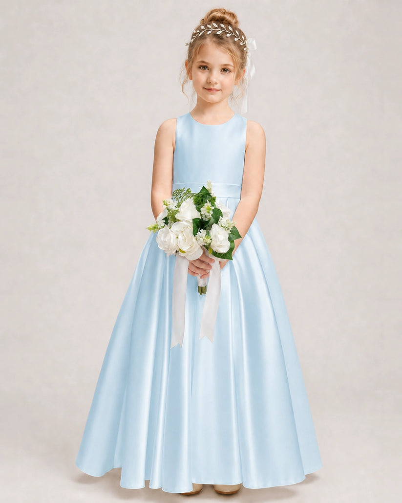 Baby Blue Satin A-line Girls Formal Dress Front View
