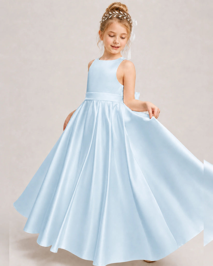 Baby Blue Satin A-line Girls Formal Dress Front View