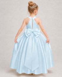 BabyBlue Flower Girl Dress Halter Satin Floor-Length Ball Gown Back View