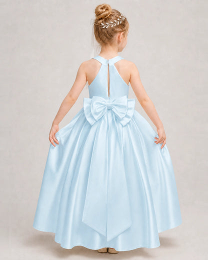 BabyBlue Flower Girl Dress Halter Satin Floor-Length Ball Gown Back View