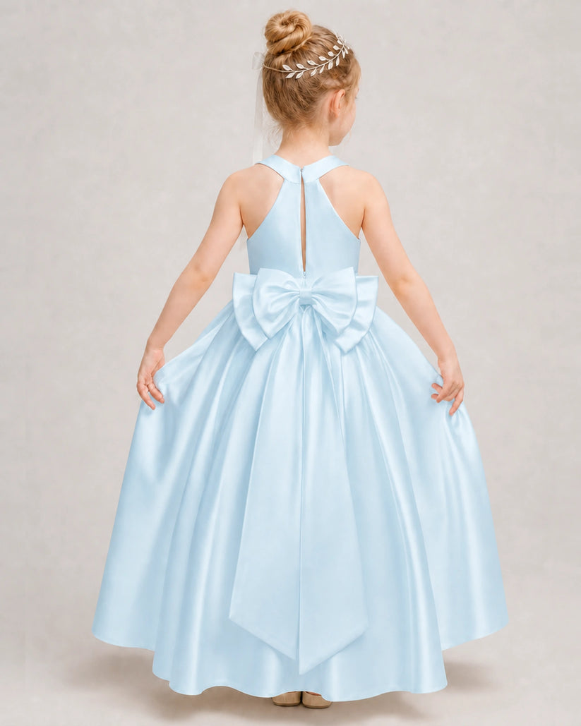 Baby Blue Satin A-line Girls Formal Dress Back View