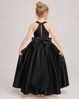 Black Satin A-line Girls Formal Dress Back View