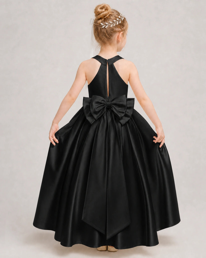 Black Satin A-line Girls Formal Dress Back View