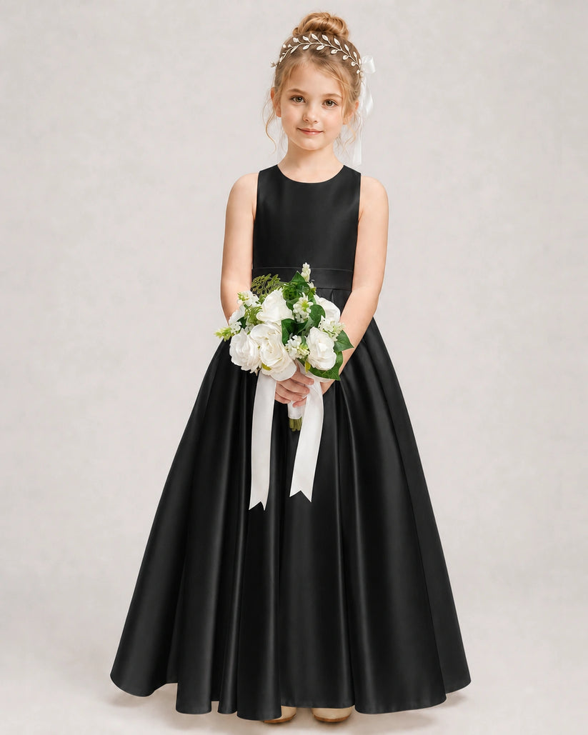 Black Satin A-line Girls Formal Dress Front View
