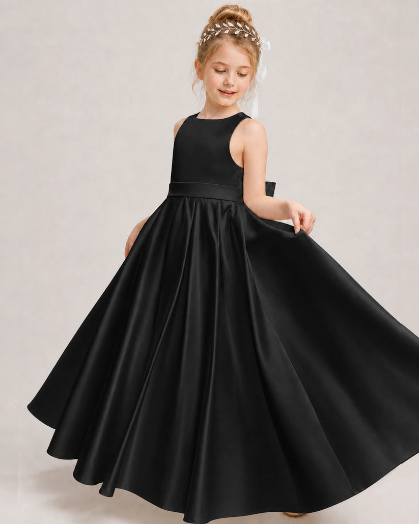 Black Satin A-line Girls Formal Dress Front View
