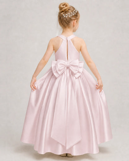 Blush Pink Flower Girl Dress Halter Satin Floor-Length Ball Gown  Back View
