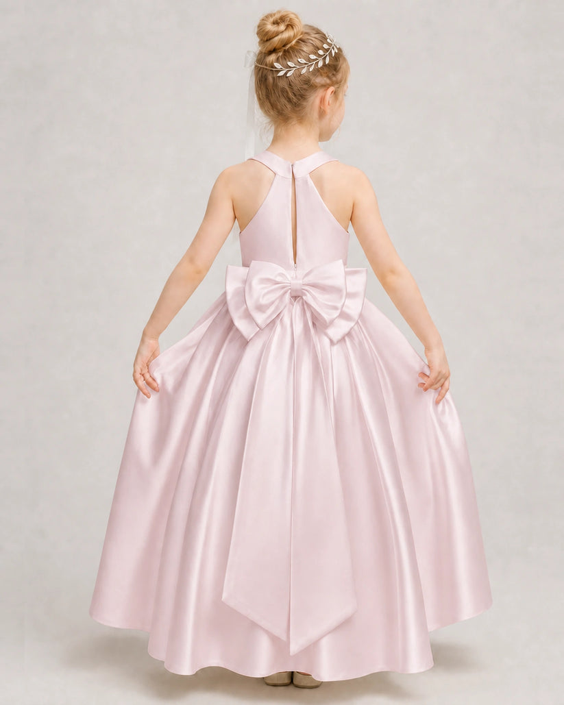 Blush Pink Satin A-line Girls Formal Dress Back View