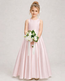 Blush Pink Flower Girl Dress Halter Satin Floor Length Ball Gown 
