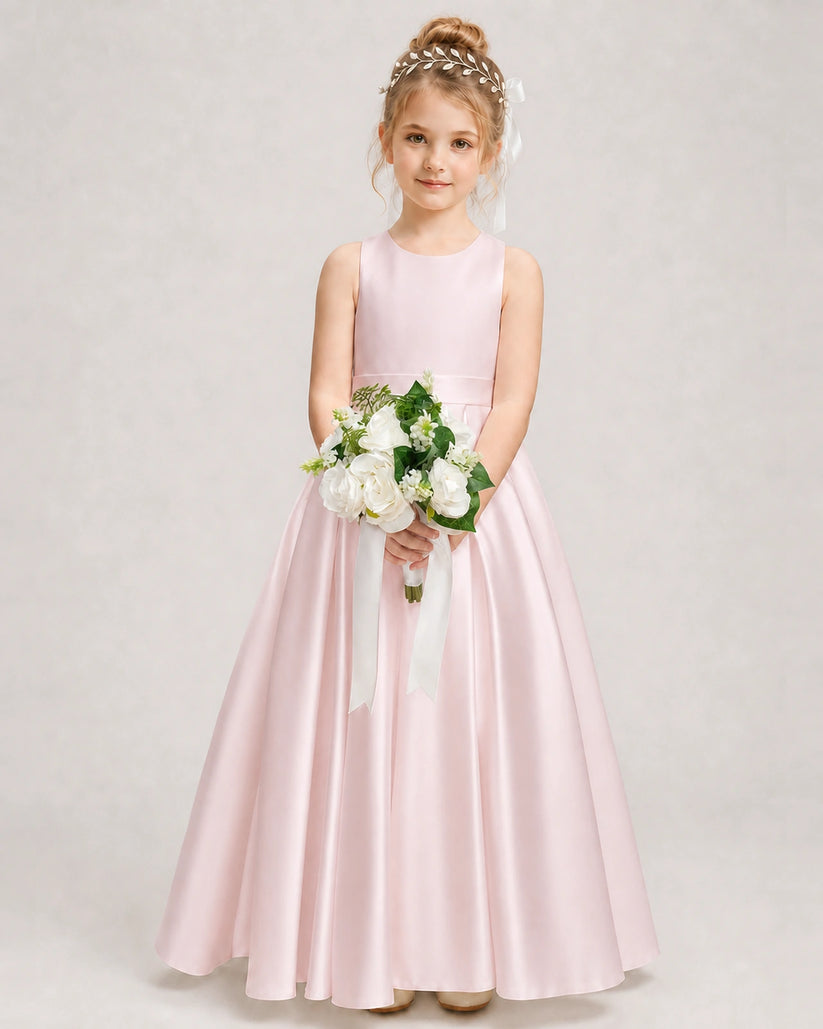 Blush Pink Satin A-line Girls Formal Dress Front View