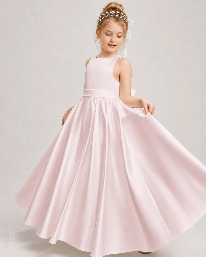 Blush Pink Satin A-line Girls Formal Dress Front View