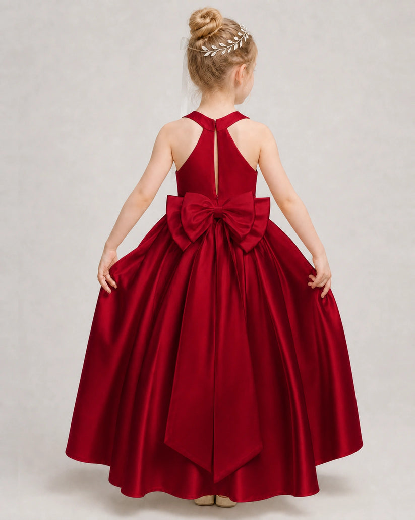 Burgundy Satin A-line Girls Formal Dress Back View