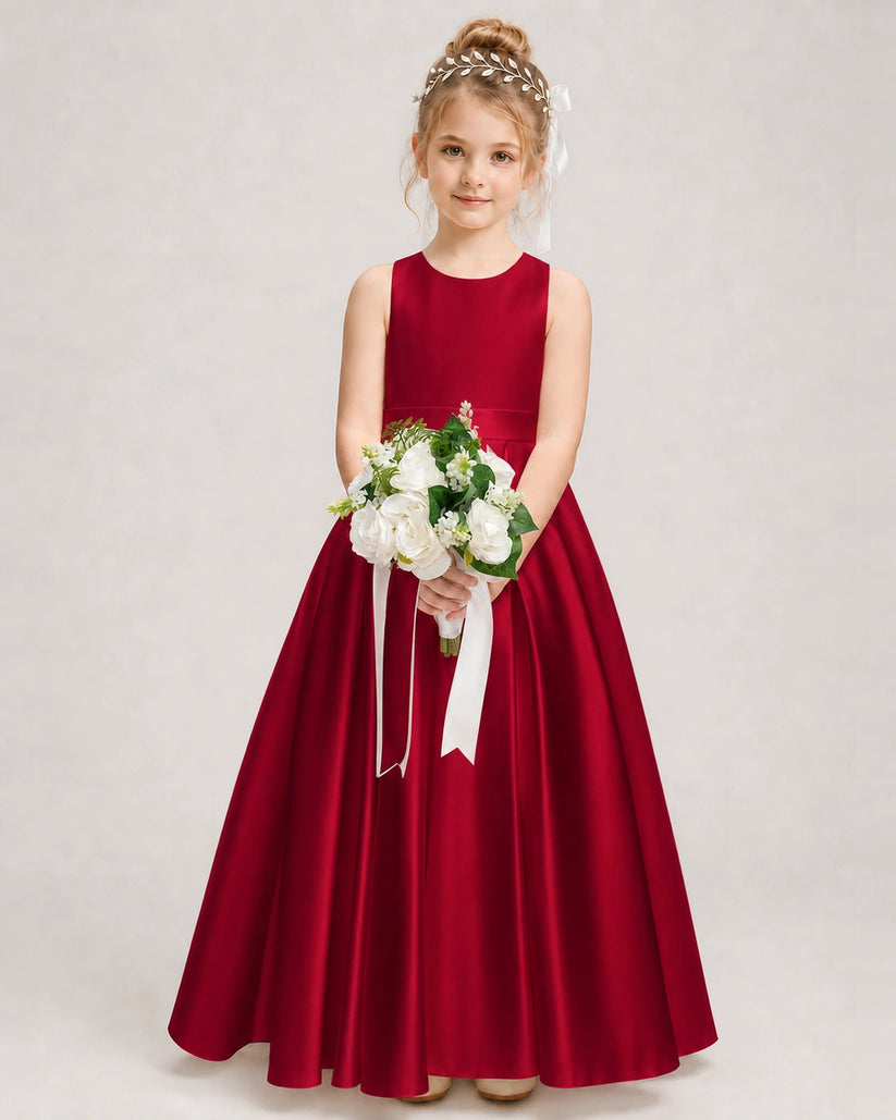 Burgundy Satin A-line Girls Formal Dress Front View