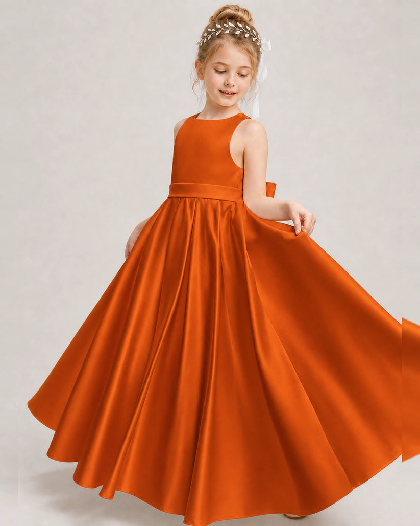 Burnt Orange Satin A-line Girls Formal Dress Front View