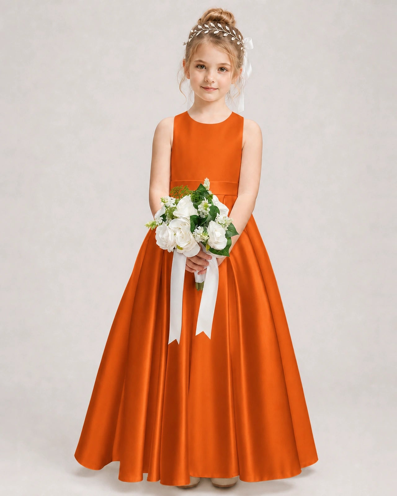 Dideyttawl White Flower Girl Dress | Halter Satin Floor-Length Ball Gown