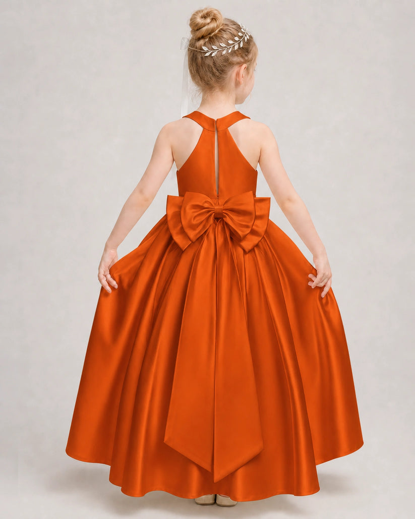 Burnt Orange Satin A-line Girls Formal Dress Back View