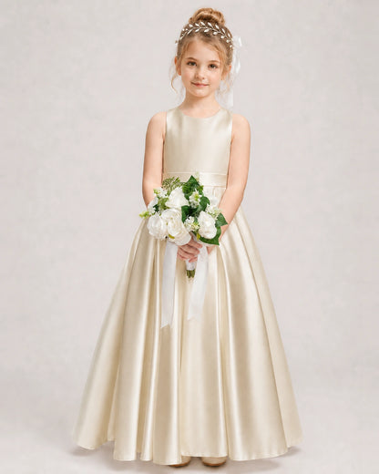 Dideyttawl White Flower Girl Dress | Halter Satin Floor-Length Ball Gown