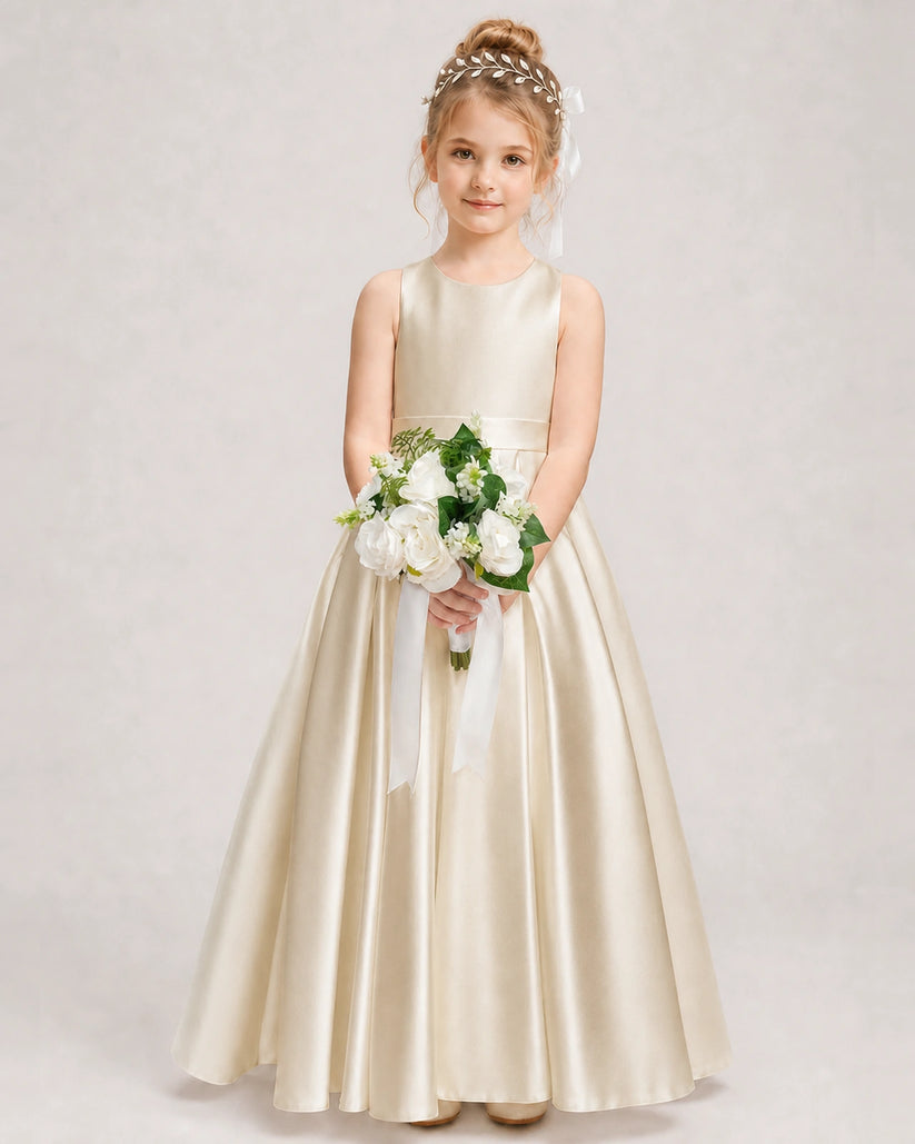 Champagne Satin A-line Girls Formal Dress Front View