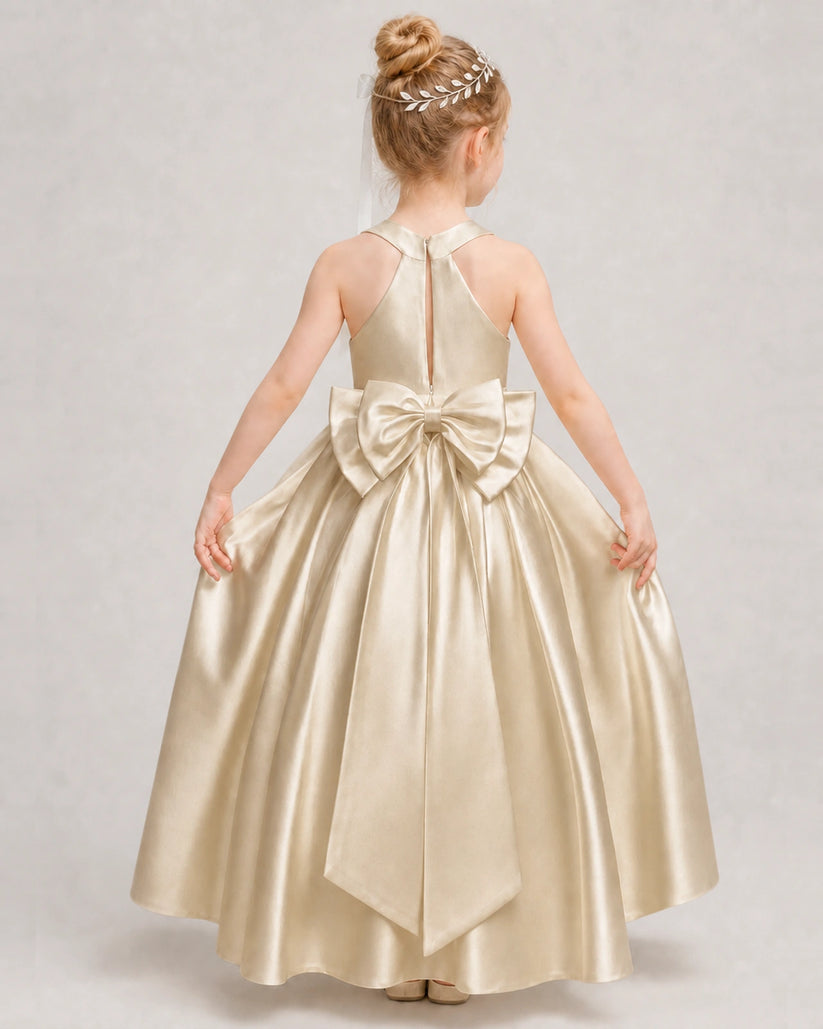 Champagne Satin A-line Girls Formal Dress Back View
