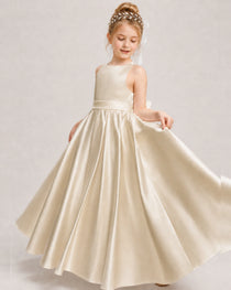Dideyttawl White Girls Formal Dress Halter Satin Floor-Length Ball Gown