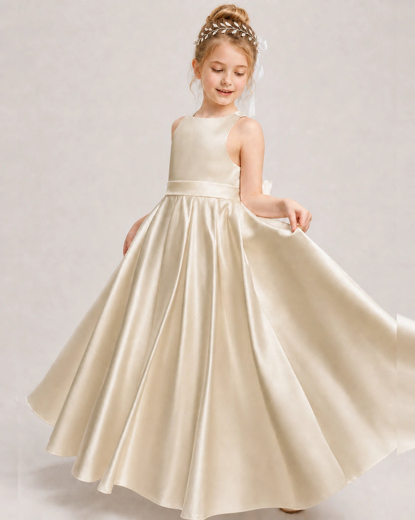 Champagne Satin A-line Girls Formal Dress Front View