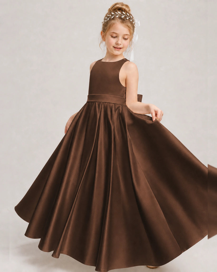 Chocolate Satin A-line Girls Formal Dress Front View