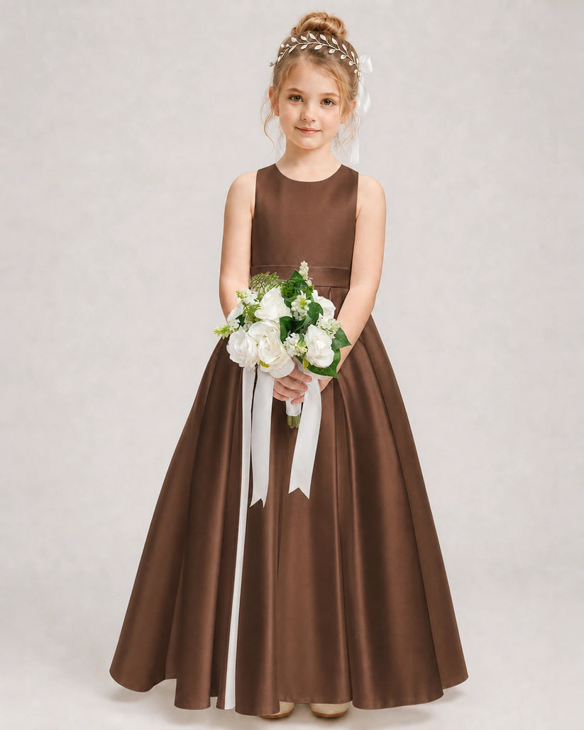 Chocolate Satin A-line Girls Formal Dress Front View