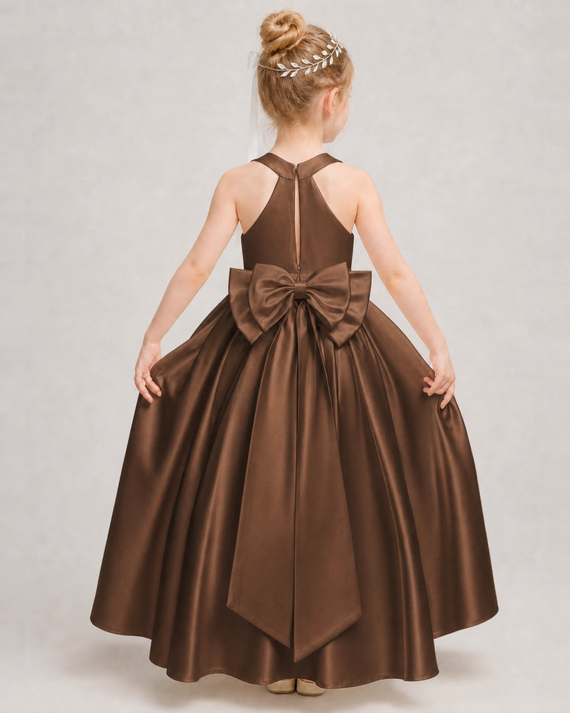 Chocolate Satin A-line Girls Formal Dress Back View