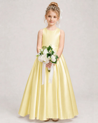 Dideyttawl White Flower Girl Dress | Halter Satin Floor-Length Ball Gown