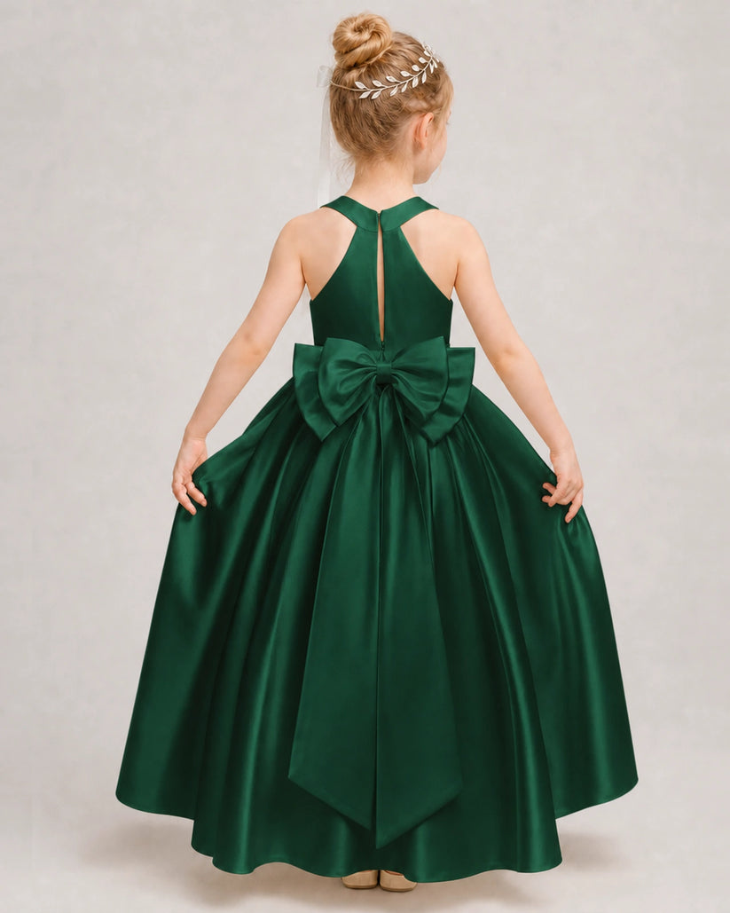 Dark Green Satin A-line Girls Formal Dress Back View