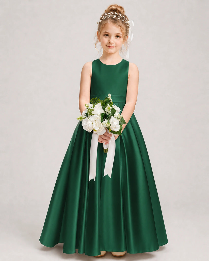 Dark Green Satin A-line Girls Formal Dress Front View