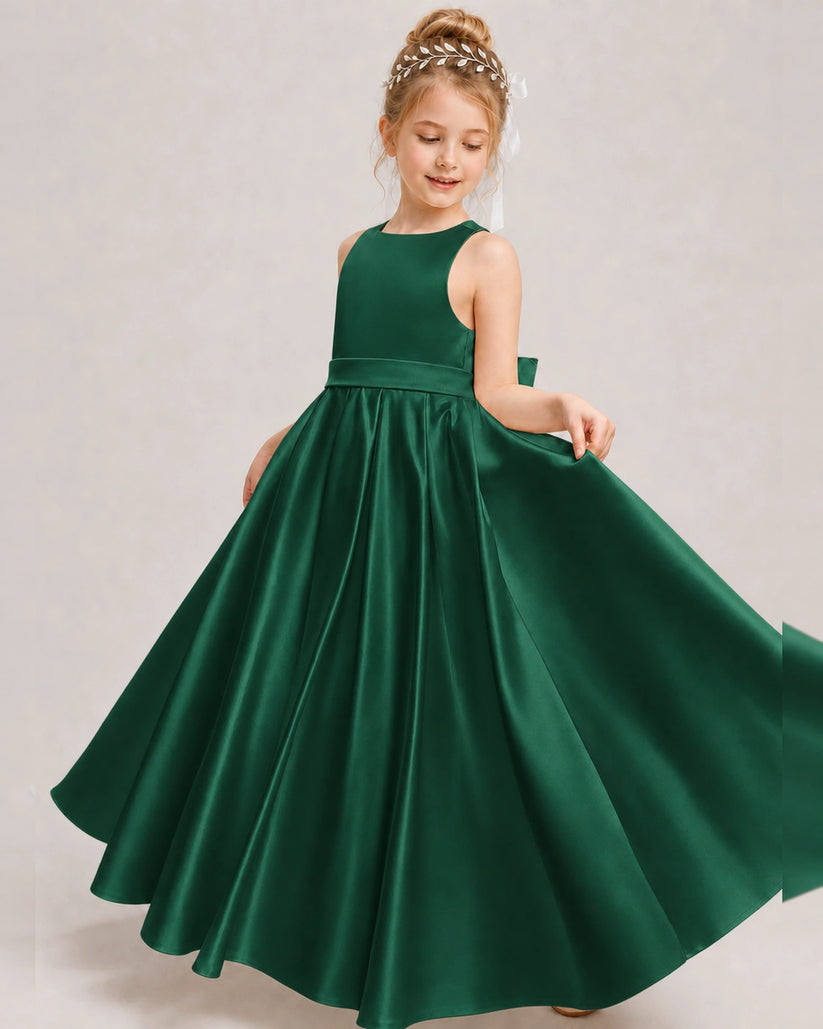 Dark Green Satin A-line Girls Formal Dress Front View