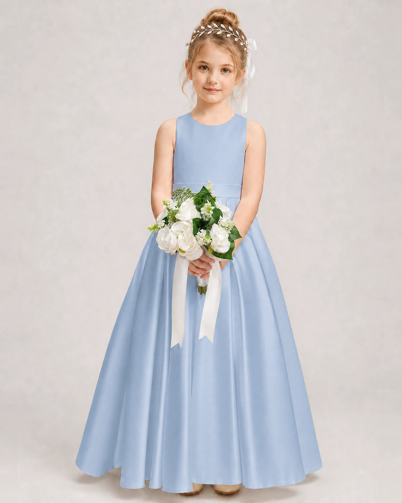 Dusty Blue Satin A-line Girls Formal Dress Front View