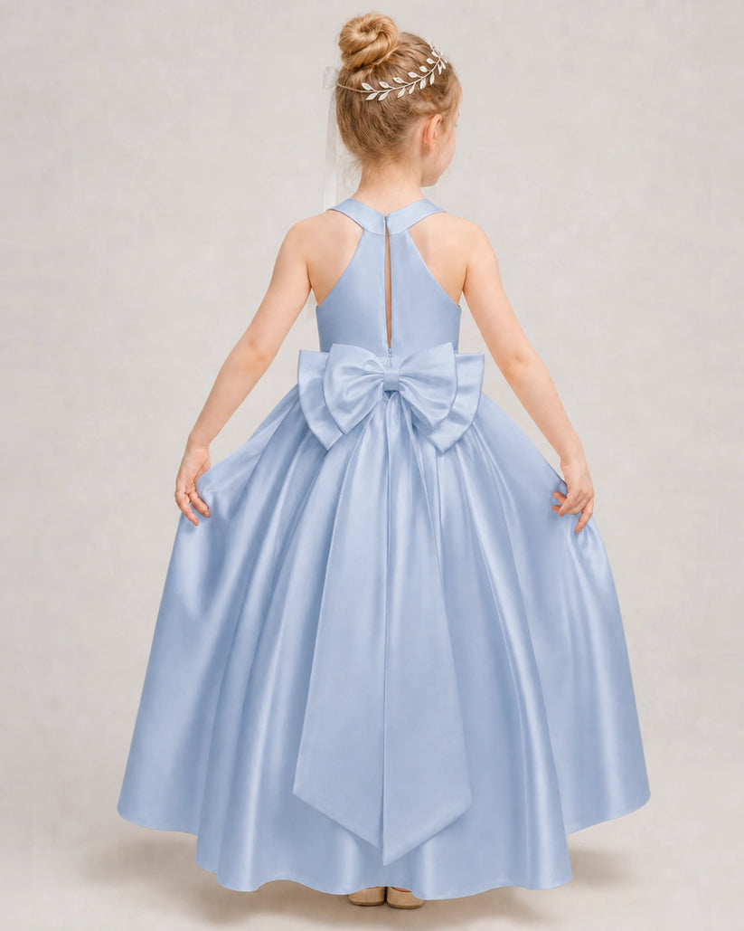Dusty Blue Satin A-line Girls Formal Dress Back View
