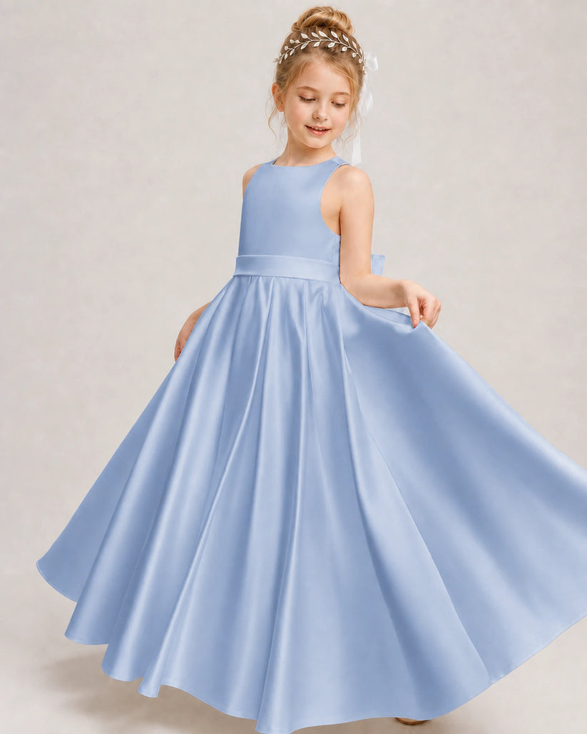 Dusty Blue Satin A-line Girls Formal Dress Front View