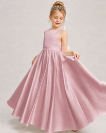Dideyttawl White Girls Formal Dress Halter Satin Floor-Length Ball Gown