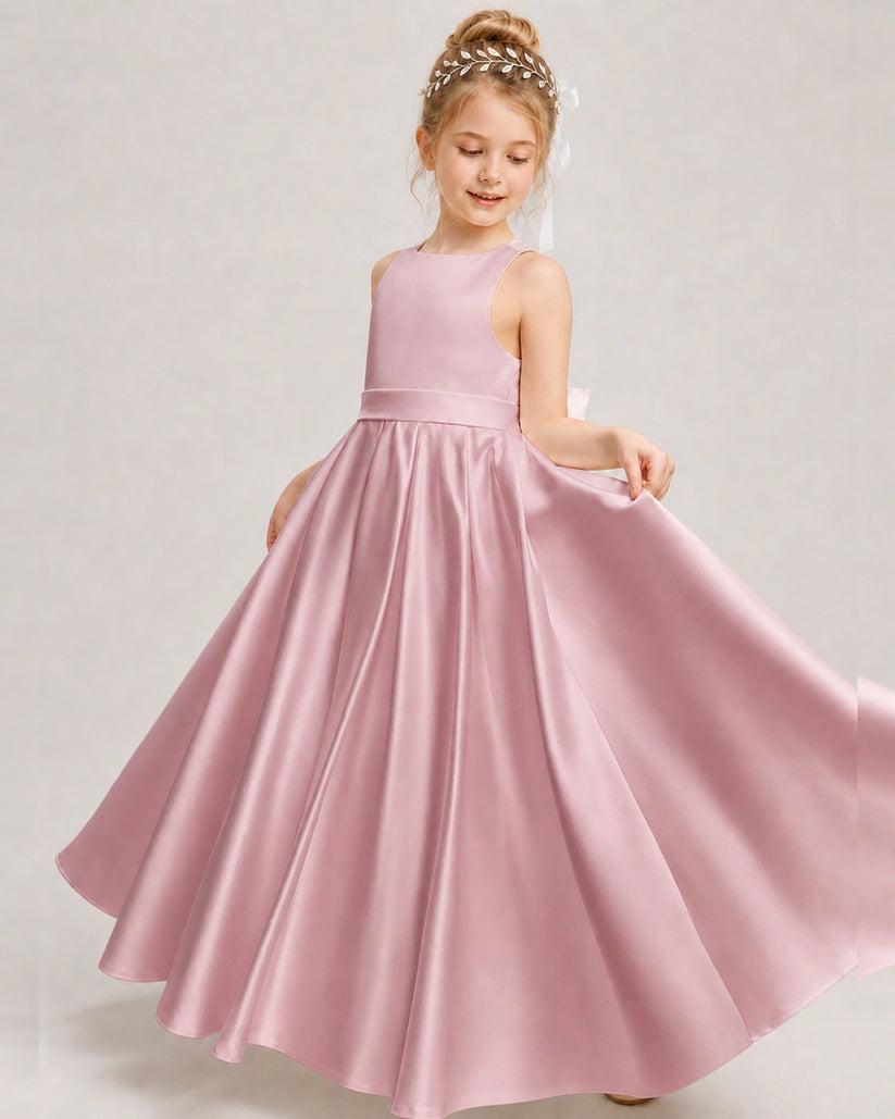 Dusty Rose Satin A-line Girls Formal Dress Front View