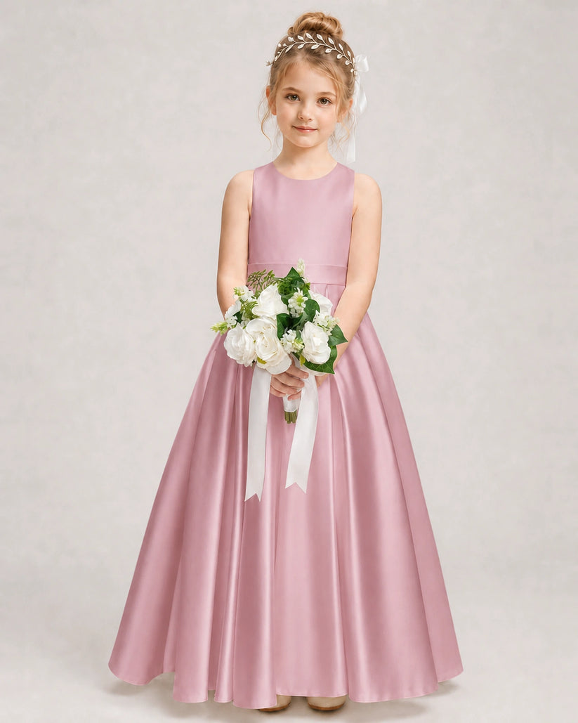 Dusty Rose Satin A-line Girls Formal Dress Front View