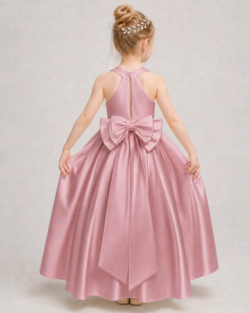 Dusty Rose Satin A-line Girls Formal Dress Back View