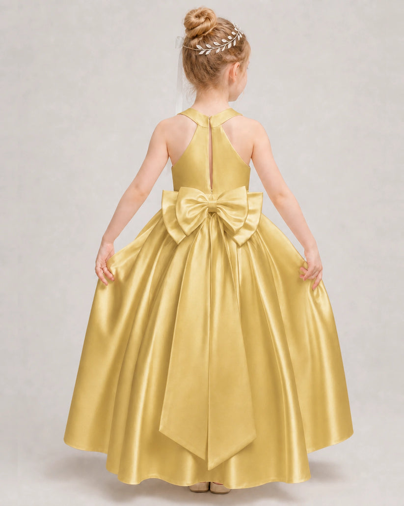 Gold Satin A-line Girls Formal Dress Back View